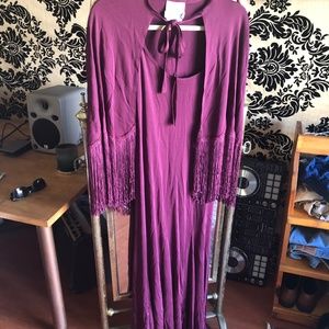 1920s Plum Vintage Fringe Evening Gown with Cape